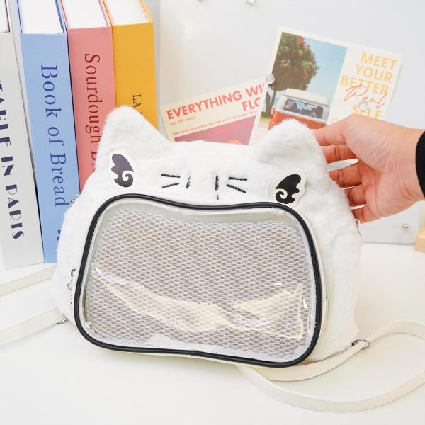 Multicolored Kawaii Ita Shoulder Bag with Clear Window for Plushies and Pins — crossbody ita bag detail view
