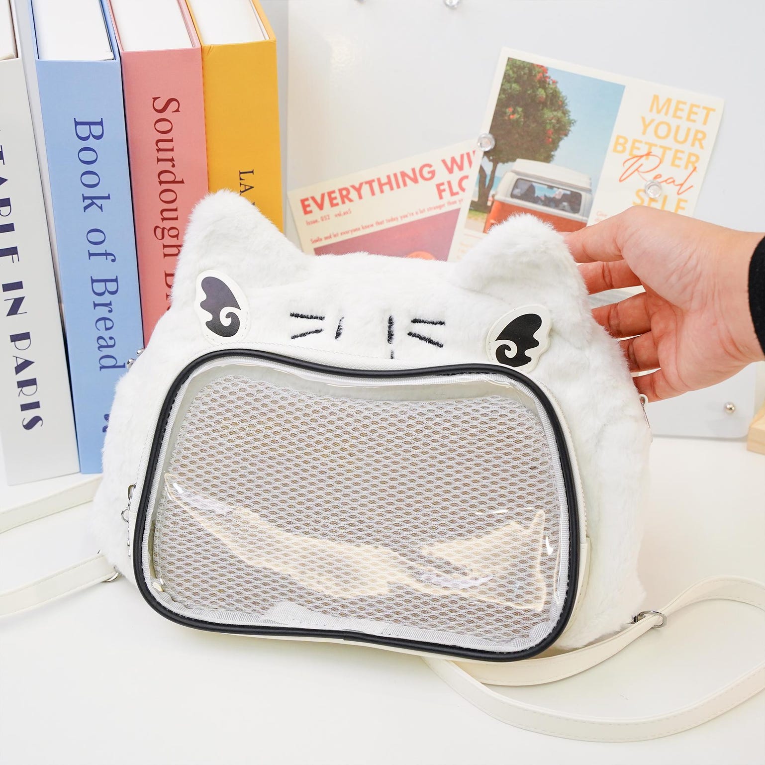 Multicolored Kawaii Ita Shoulder Bag with Clear Window for Plushies and Pins Multicolored Kawaii Ita Shoulder Bag with Clear Window for Plushies and Pins — crossbody ita bag detail view