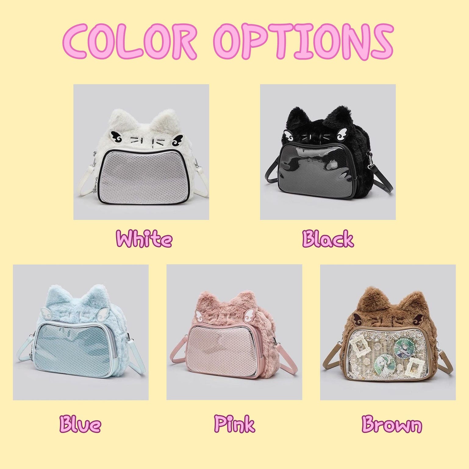 Multicolored Kawaii Ita Shoulder Bag with Clear Window for Plushies and Pins Multicolored Kawaii Ita Shoulder Bag with Clear Window for Plushies and Pins — crossbody ita bag detail view