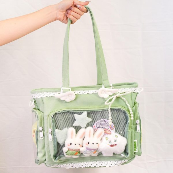 Multicolored Kawaii Ita Shoulder Bag with Clear Window for Plushies and Pins — crossbody ita bag detail view