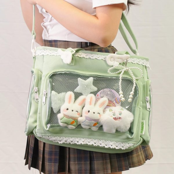 Multicolored Kawaii Ita Shoulder Bag with Clear Window for Plushies and Pins — crossbody ita bag detail view