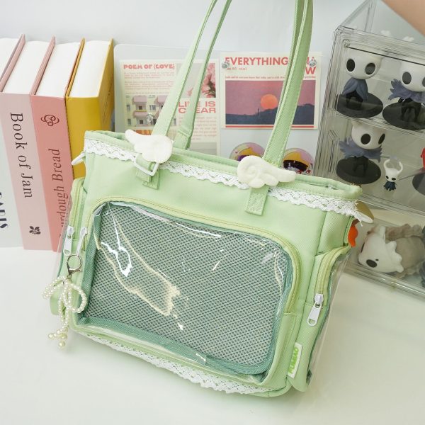 Multicolored Kawaii Ita Shoulder Bag with Clear Window for Plushies and Pins — crossbody ita bag detail view