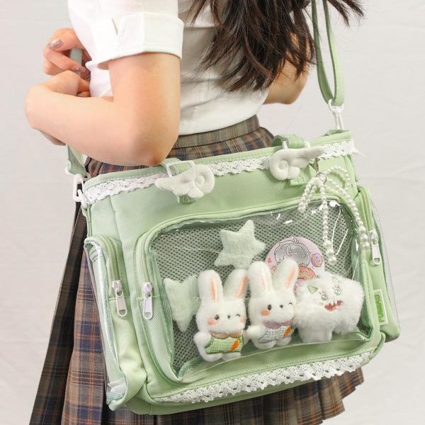 Multicolored Kawaii Ita Shoulder Bag with Clear Window for Plushies and Pins — crossbody ita bag with clear display window