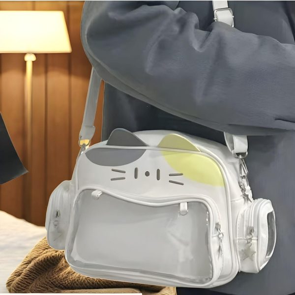 Pastel Cat Ita Shoulder Bag for Pin Display — crossbody ita bag with clear display window