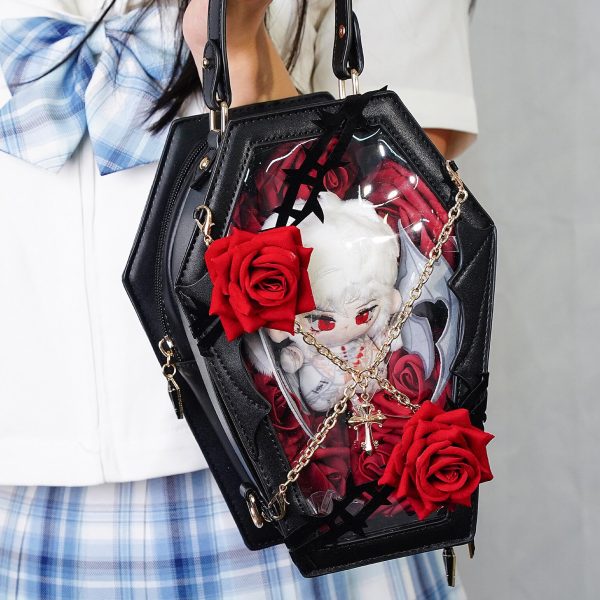 Pastel Gothic Ita Crossbody Bag with Clear Window for Pin Display — crossbody ita bag detail view