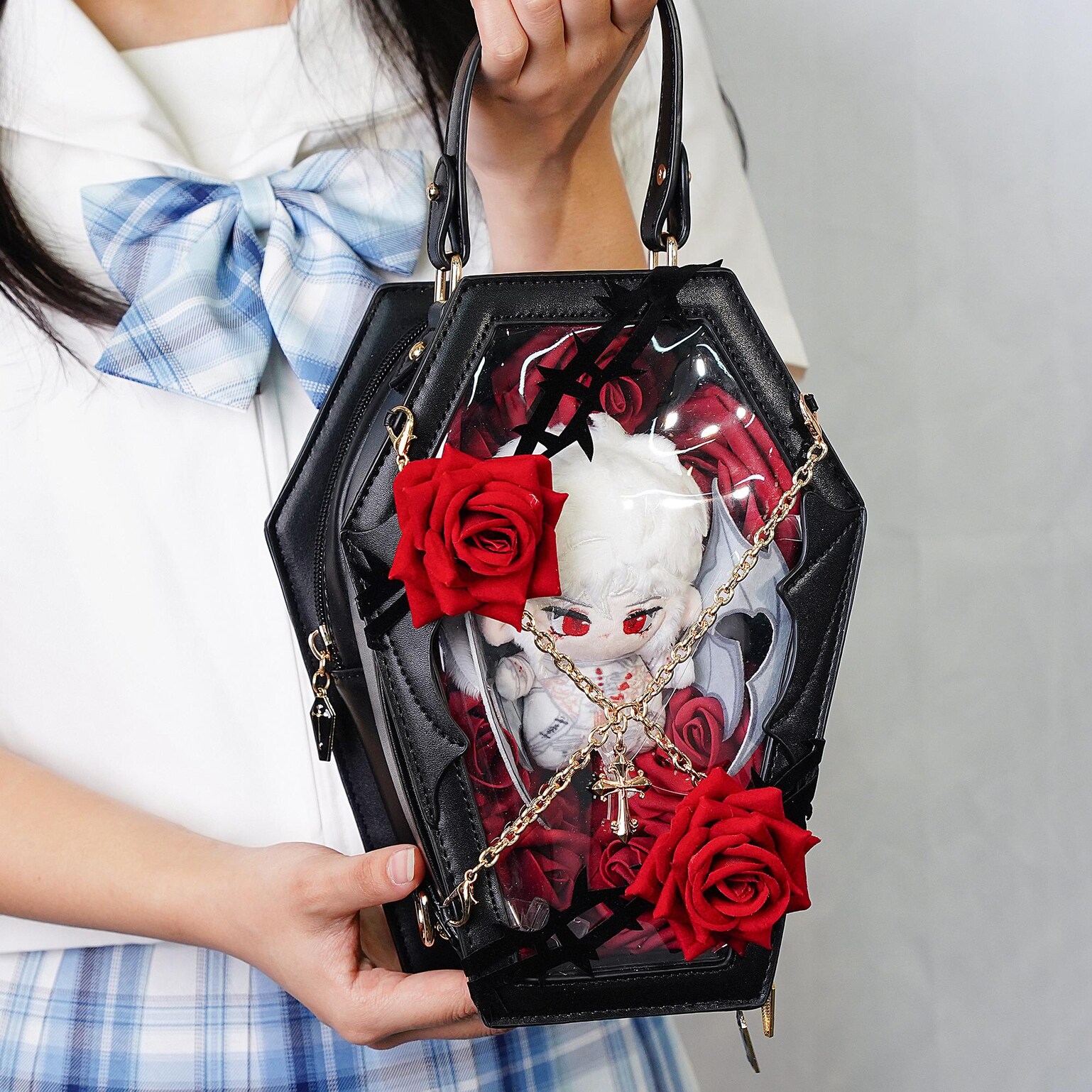 Pastel Gothic Ita Crossbody Bag with Clear Window for Pin Display Pastel Gothic Ita Crossbody Bag with Clear Window for Pin Display — crossbody ita bag detail view