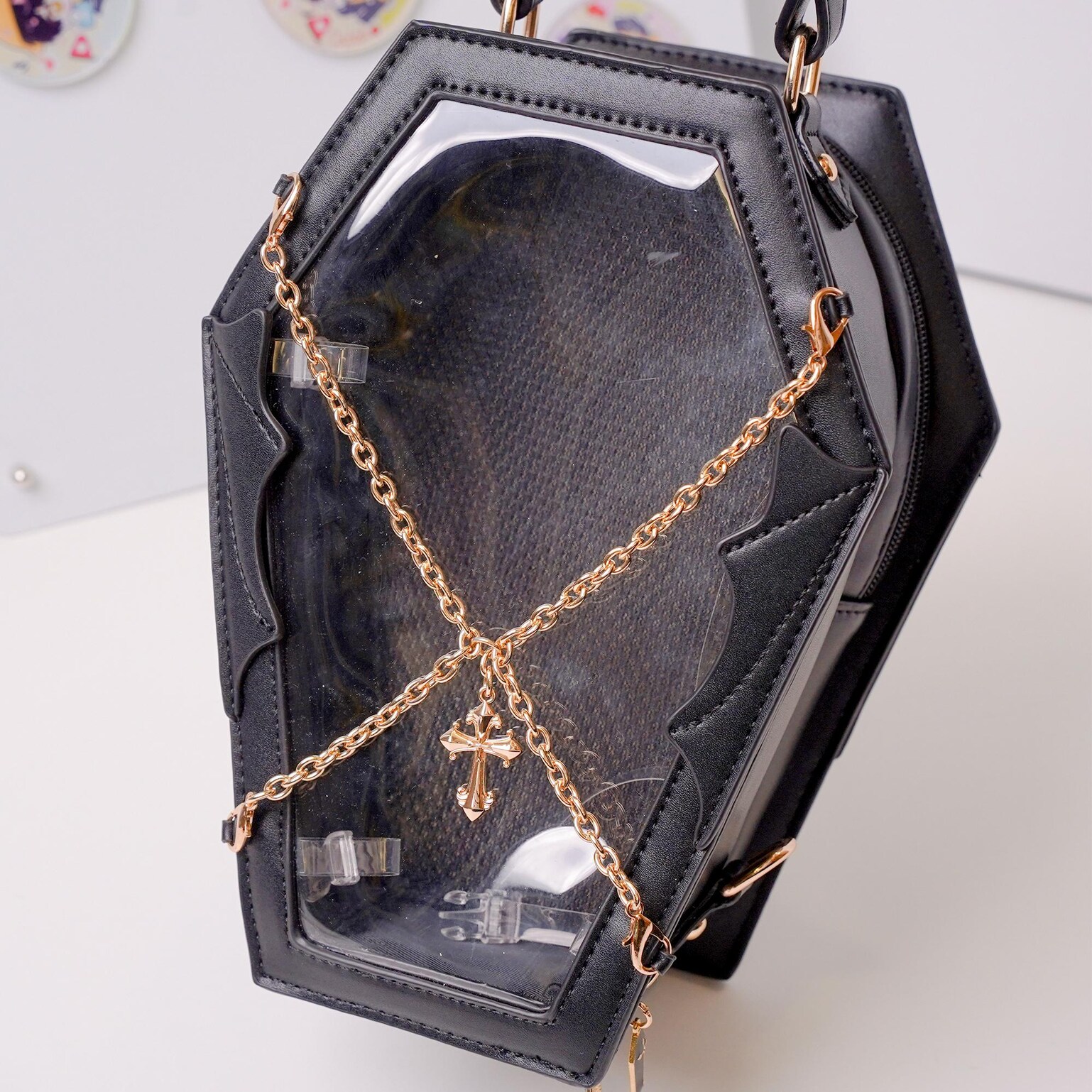 Pastel Gothic Ita Crossbody Bag with Clear Window for Pin Display Pastel Gothic Ita Crossbody Bag with Clear Window for Pin Display — crossbody ita bag detail view