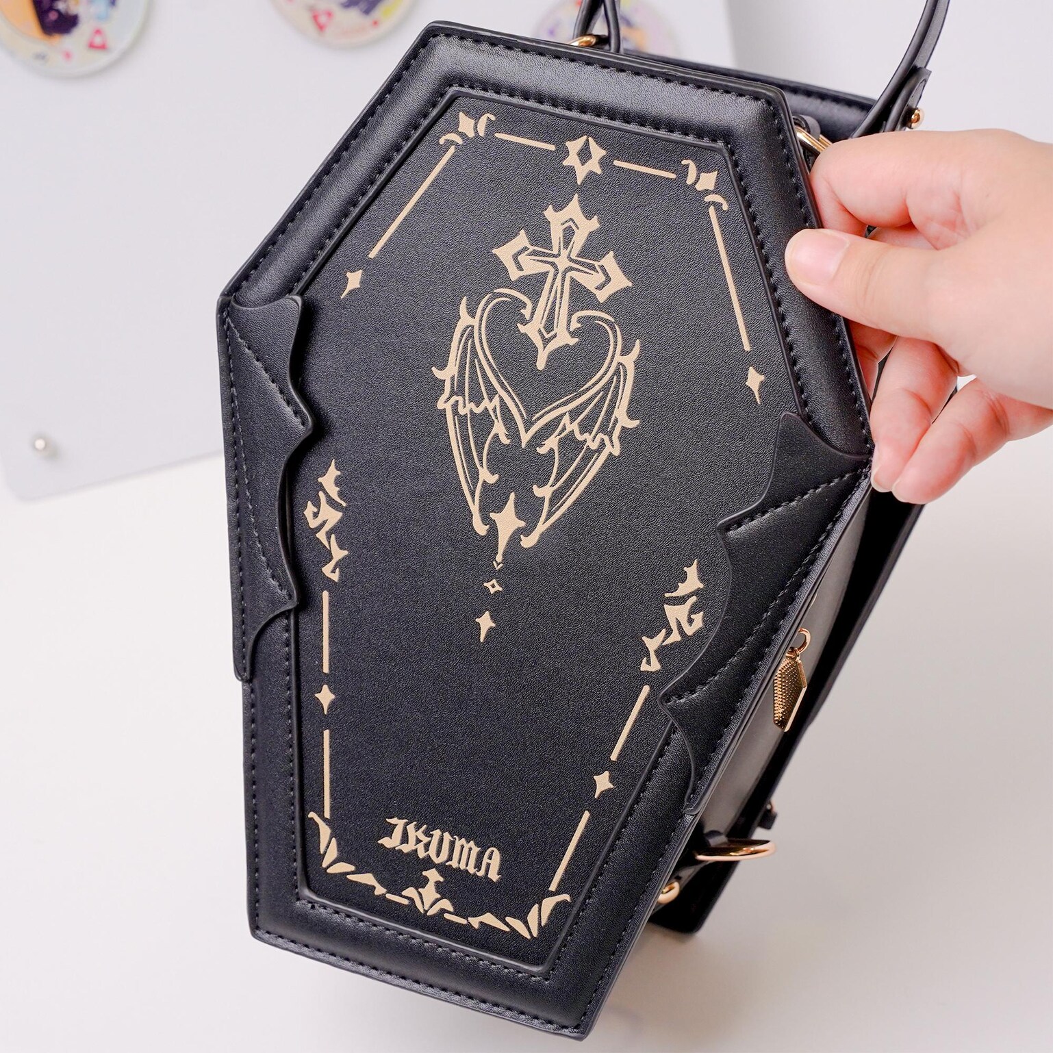 Pastel Gothic Ita Crossbody Bag with Clear Window for Pin Display Pastel Gothic Ita Crossbody Bag with Clear Window for Pin Display — crossbody ita bag detail view