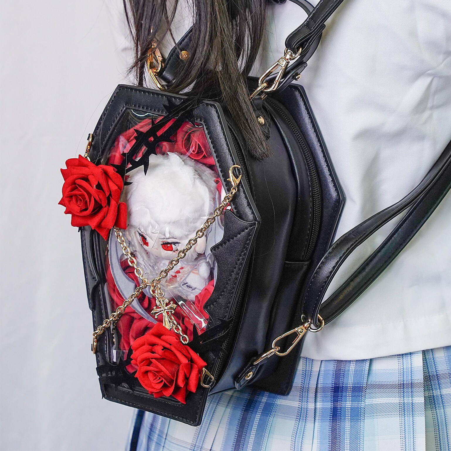 Pastel Gothic Ita Crossbody Bag with Clear Window for Pin Display Pastel Gothic Ita Crossbody Bag with Clear Window for Pin Display — crossbody ita bag detail view