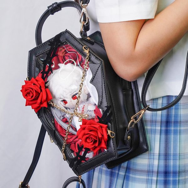 Pastel Gothic Ita Crossbody Bag with Clear Window for Pin Display — crossbody ita bag detail view