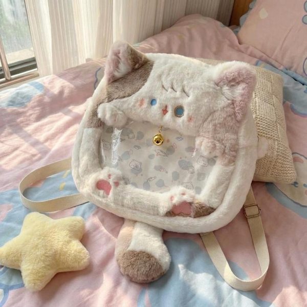 Pastel Kawaii Cat Ita Backpack with Clear Window for Plushies and Pins — ita backpack detail view