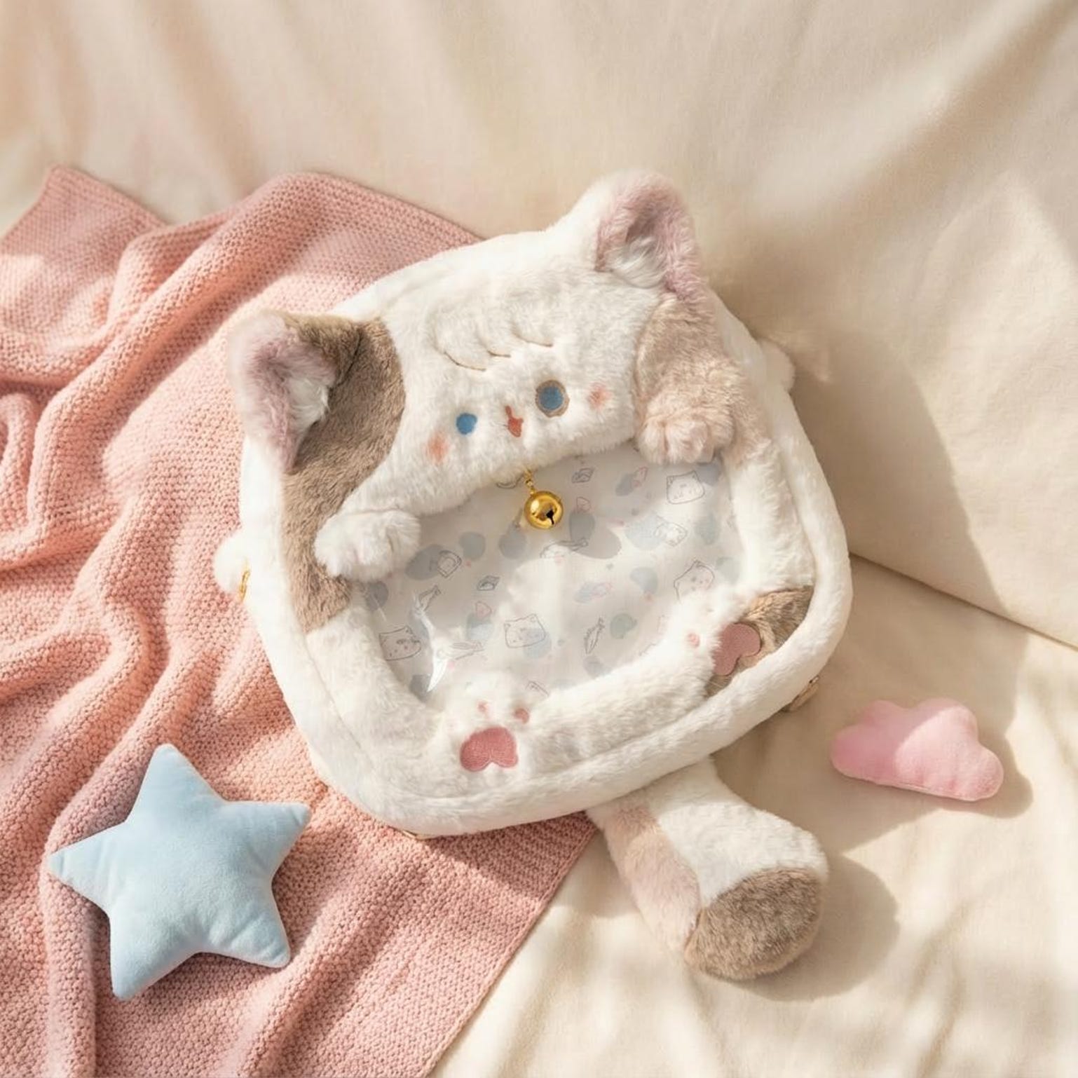 Pastel Kawaii Cat Ita Backpack with Clear Window for Plushies and Pins Pastel Kawaii Cat Ita Backpack with Clear Window for Plushies and Pins — ita backpack detail view