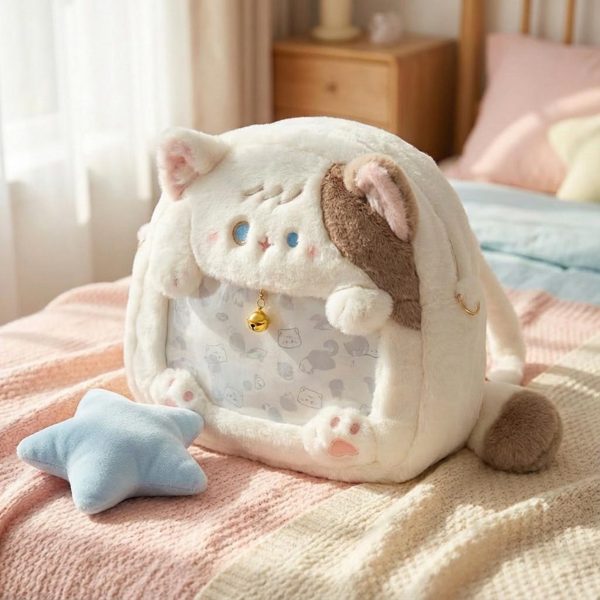 Pastel Kawaii Cat Ita Backpack with Clear Window for Plushies and Pins — ita backpack detail view