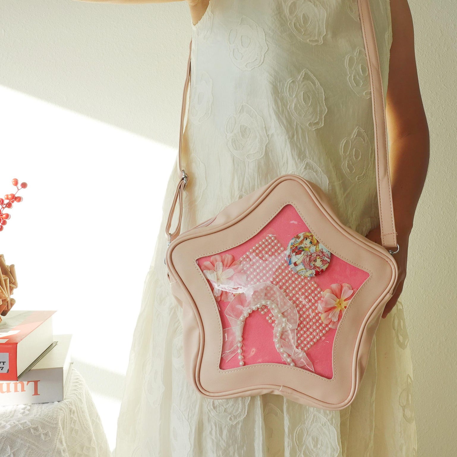 Pastel Kawaii Convertible Ita Bag with Clear Window for Plushies and Pins Pastel Kawaii Convertible Ita Bag with Clear Window for Plushies and Pins — ita bag detail view