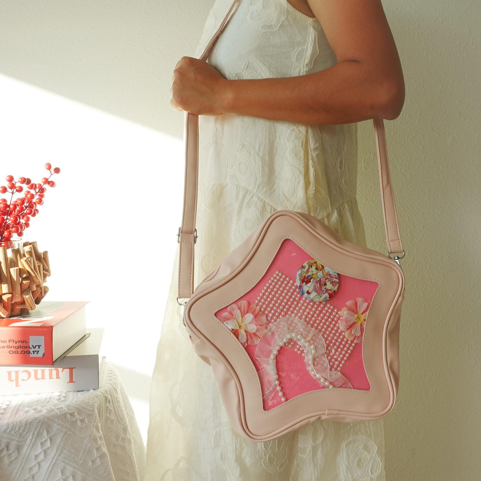 Pastel Kawaii Convertible Ita Bag with Clear Window for Plushies and Pins Pastel Kawaii Convertible Ita Bag with Clear Window for Plushies and Pins — ita bag detail view