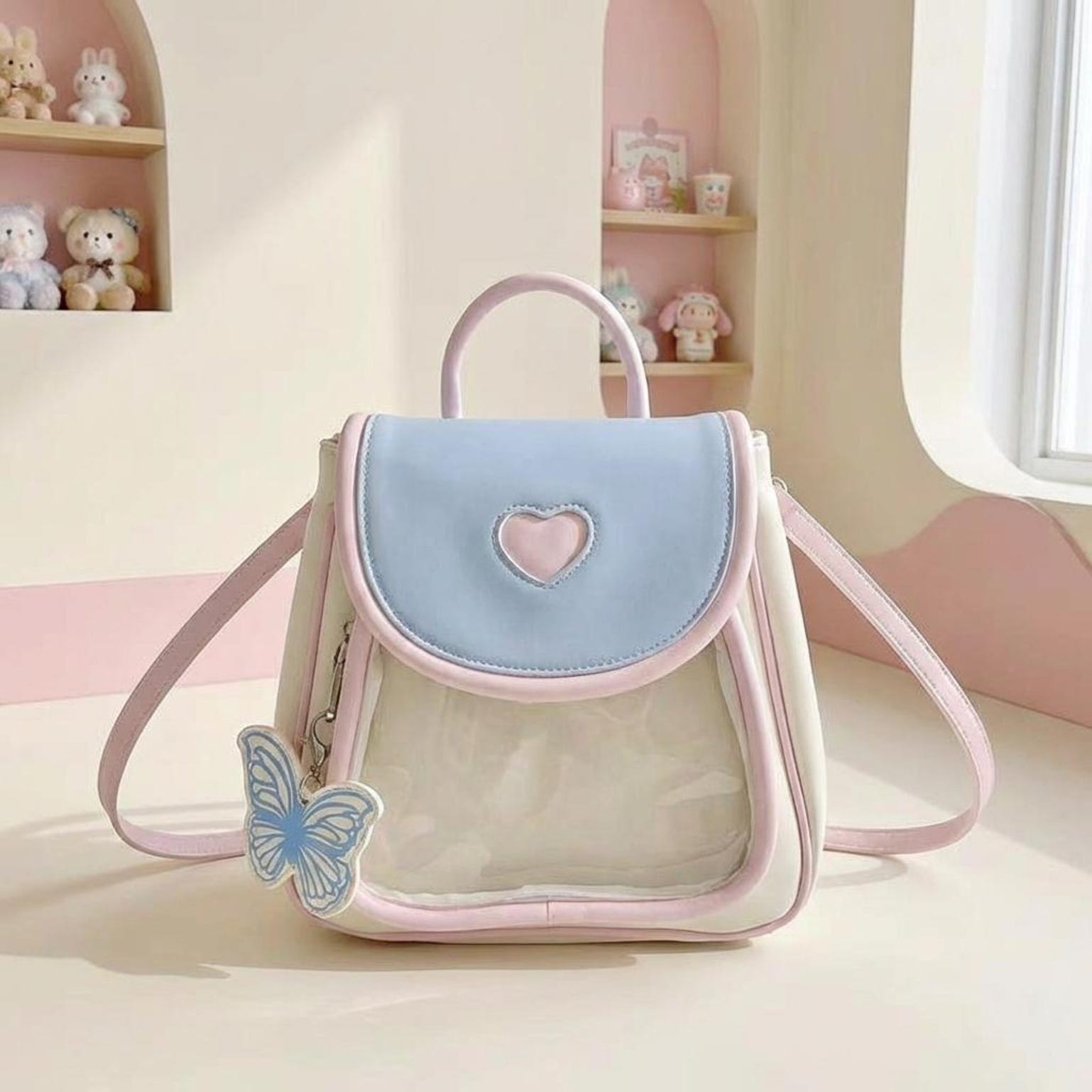 Pastel Kawaii Ita Backpack with Clear Window for Photocards and Pins Pastel Kawaii Ita Backpack with Clear Window for Photocards and Pins — ita backpack detail view