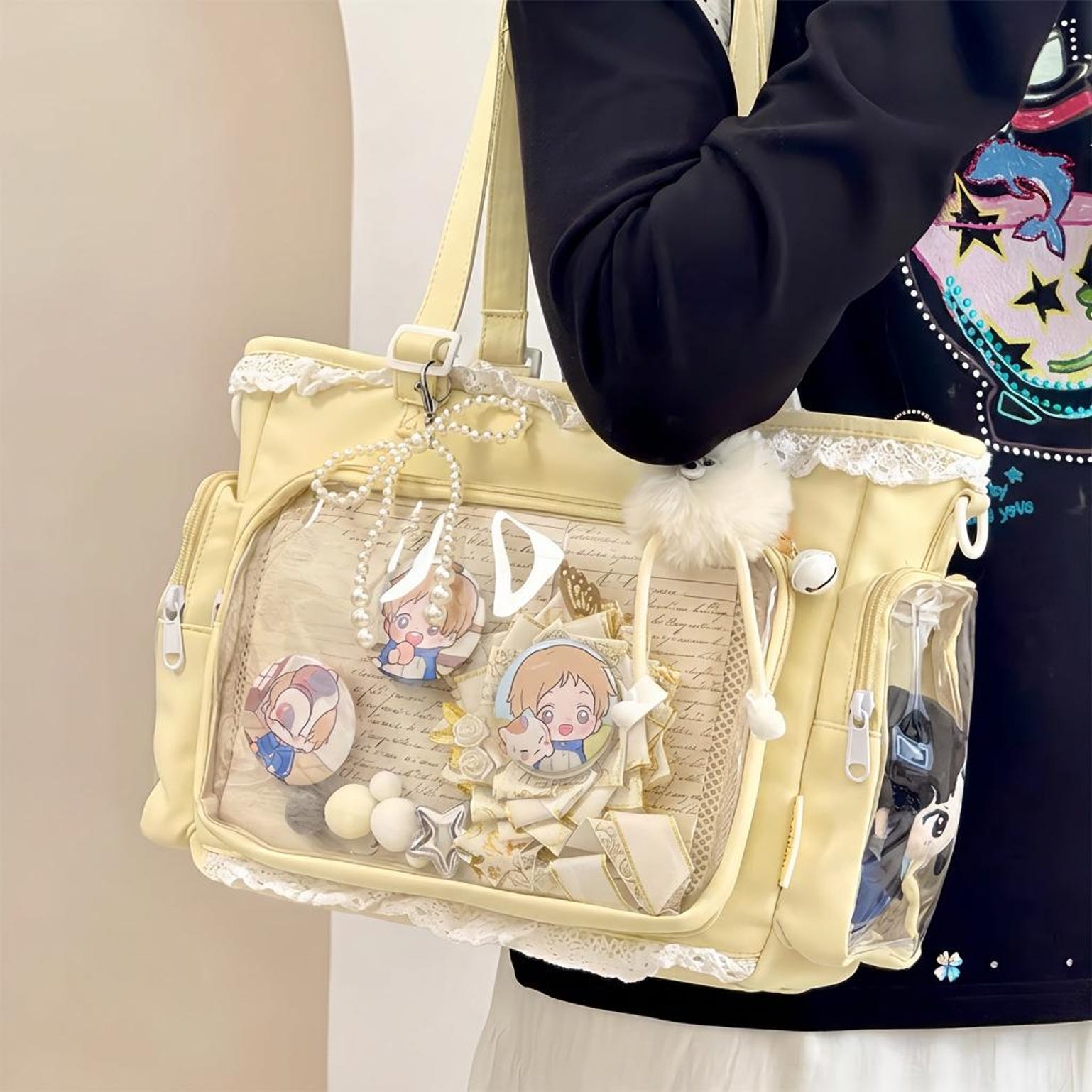 Pastel Kawaii Ita Shoulder Bag with Clear Window for Photocards and Pins