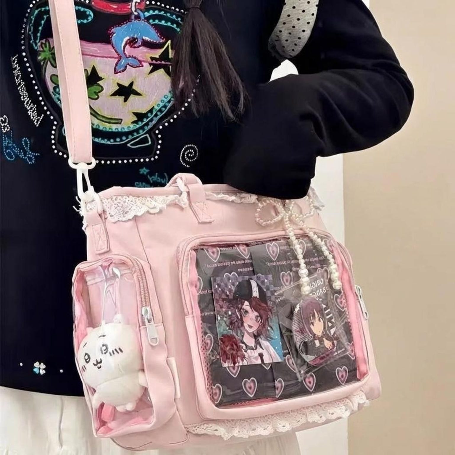 Pastel Kawaii Ita Shoulder Bag with Clear Window for Photocards and Pins Pastel Kawaii Ita Shoulder Bag with Clear Window for Photocards and Pins — crossbody ita bag detail view