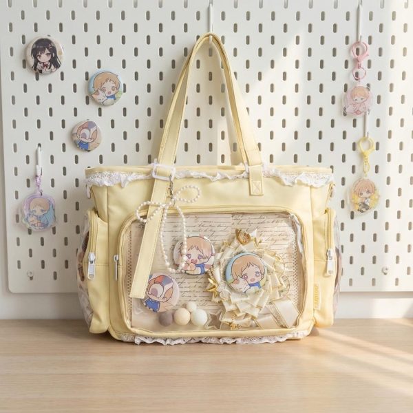 Pastel Kawaii Ita Shoulder Bag with Clear Window for Photocards and Pins — crossbody ita bag detail view
