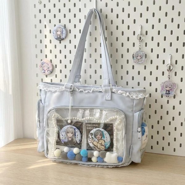 Pastel Kawaii Ita Shoulder Bag with Clear Window for Photocards and Pins — crossbody ita bag detail view