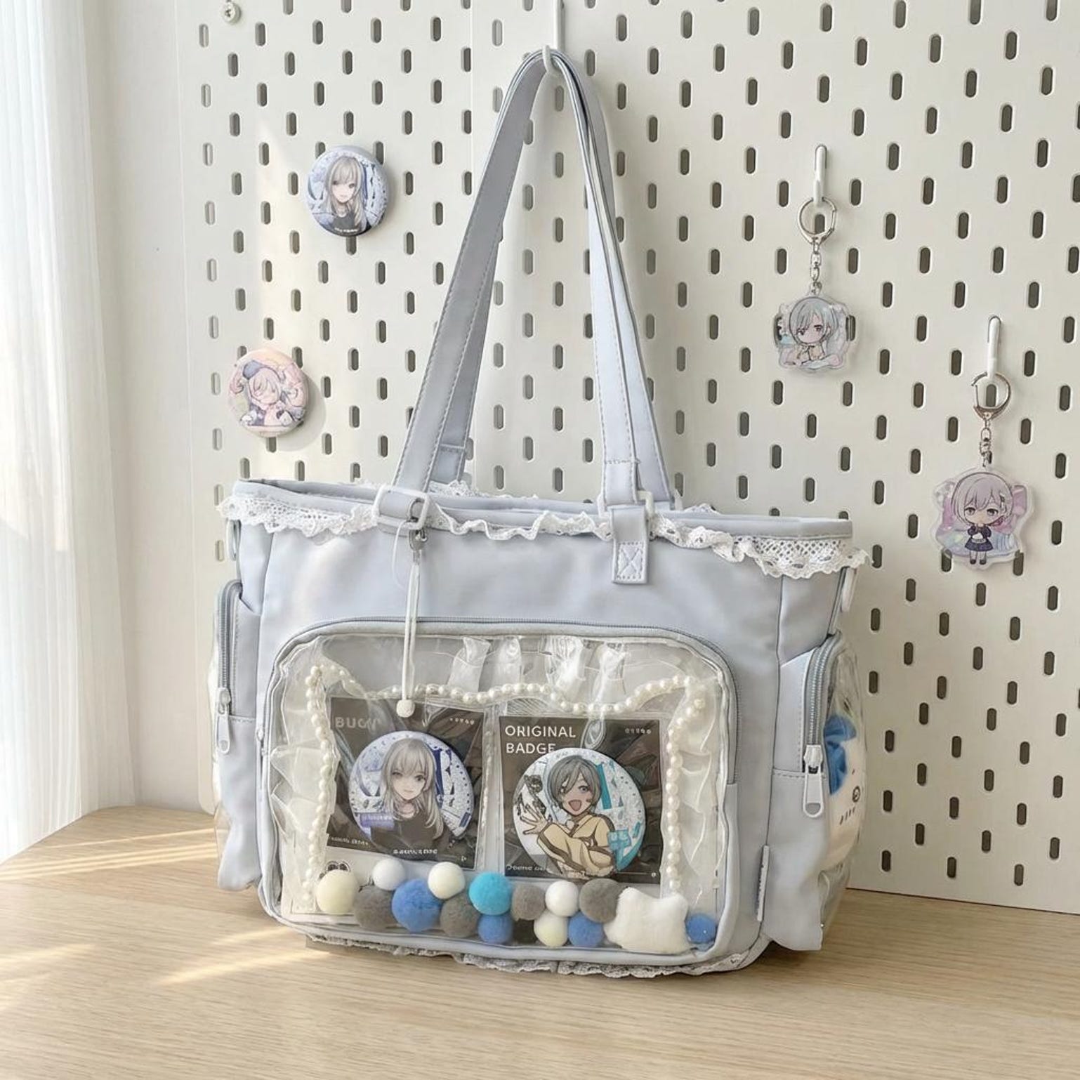Pastel Kawaii Ita Shoulder Bag with Clear Window for Photocards and Pins Pastel Kawaii Ita Shoulder Bag with Clear Window for Photocards and Pins — crossbody ita bag detail view