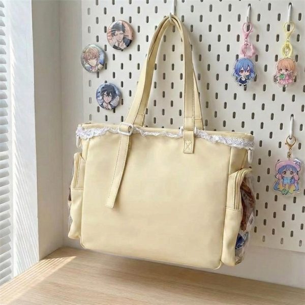 Pastel Kawaii Ita Shoulder Bag with Clear Window for Photocards and Pins — crossbody ita bag detail view
