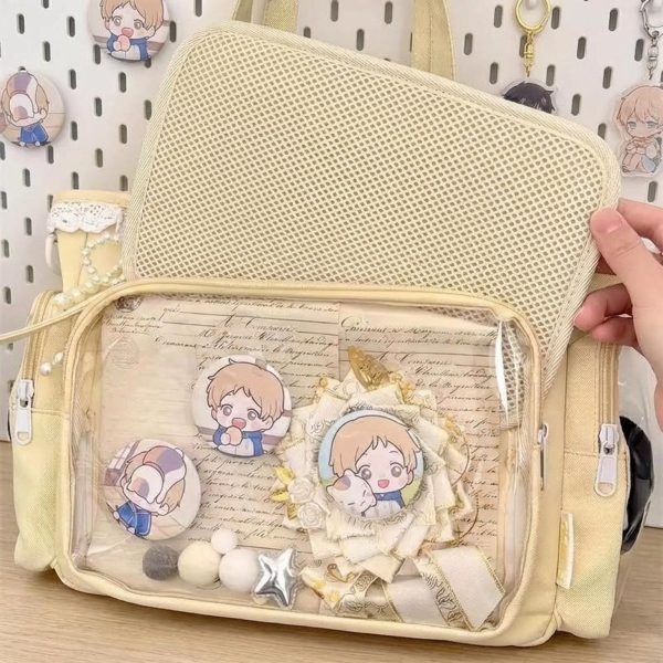 Pastel Kawaii Ita Shoulder Bag with Clear Window for Photocards and Pins — crossbody ita bag detail view