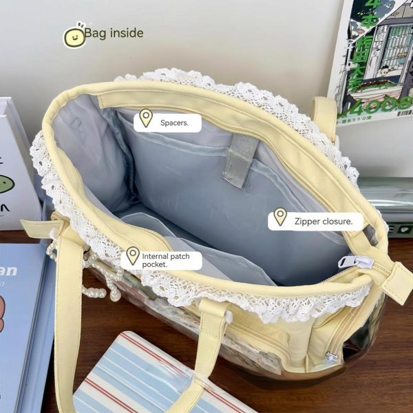 Pastel Kawaii Ita Shoulder Bag with Clear Window for Photocards and Pins — crossbody ita bag detail view