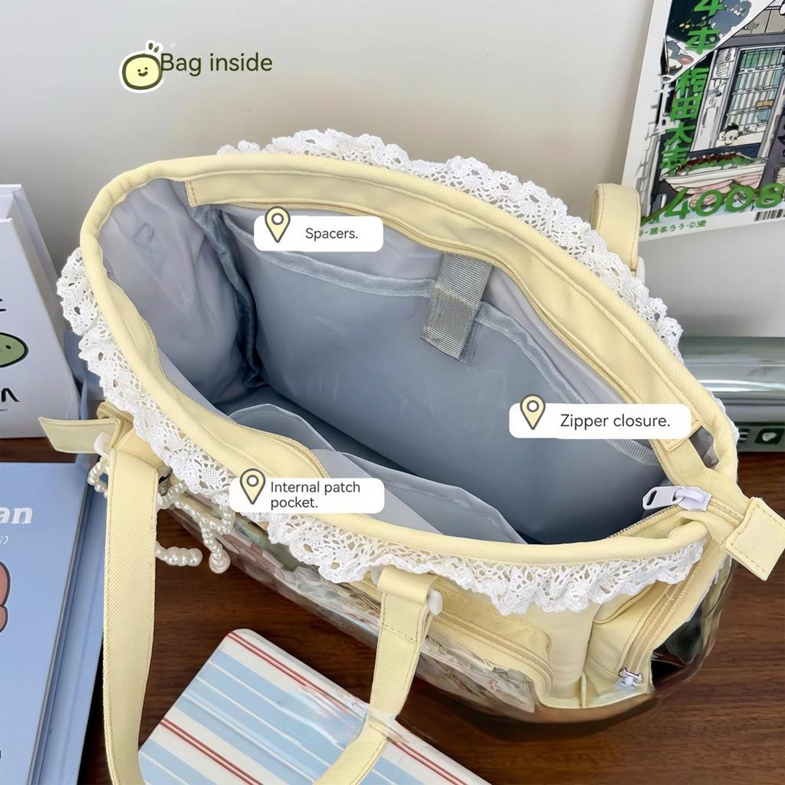 Pastel Kawaii Ita Shoulder Bag with Clear Window for Photocards and Pins Pastel Kawaii Ita Shoulder Bag with Clear Window for Photocards and Pins — crossbody ita bag detail view