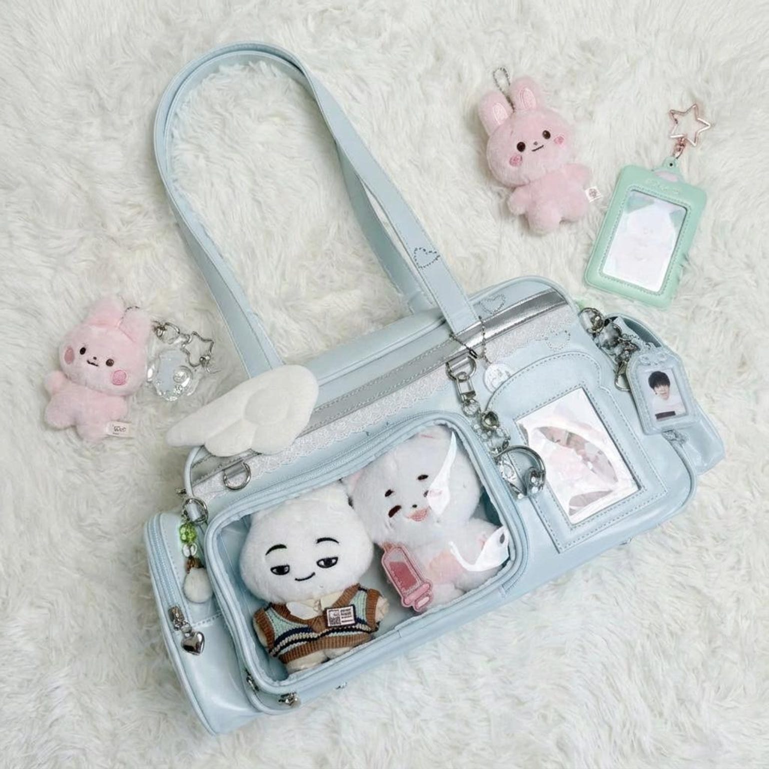 Pastel Kawaii Ita Shoulder Bag with Clear Window for Plushies and Pins Pastel Kawaii Ita Shoulder Bag with Clear Window for Plushies and Pins — crossbody ita bag detail view