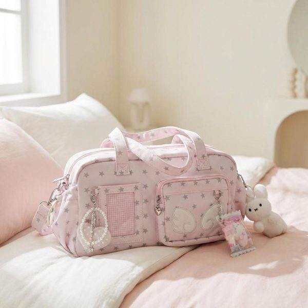 Pastel Kawaii Ita Shoulder Bag with Clear Window for Plushies and Pins — crossbody ita bag detail view