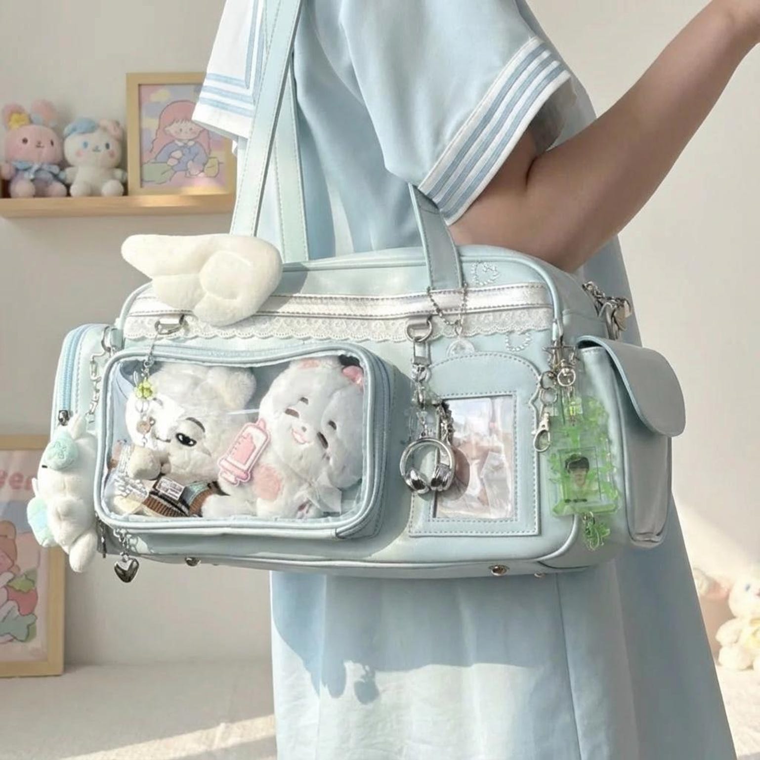 Pastel Kawaii Ita Shoulder Bag with Clear Window for Plushies and Pins Pastel Kawaii Ita Shoulder Bag with Clear Window for Plushies and Pins — crossbody ita bag detail view