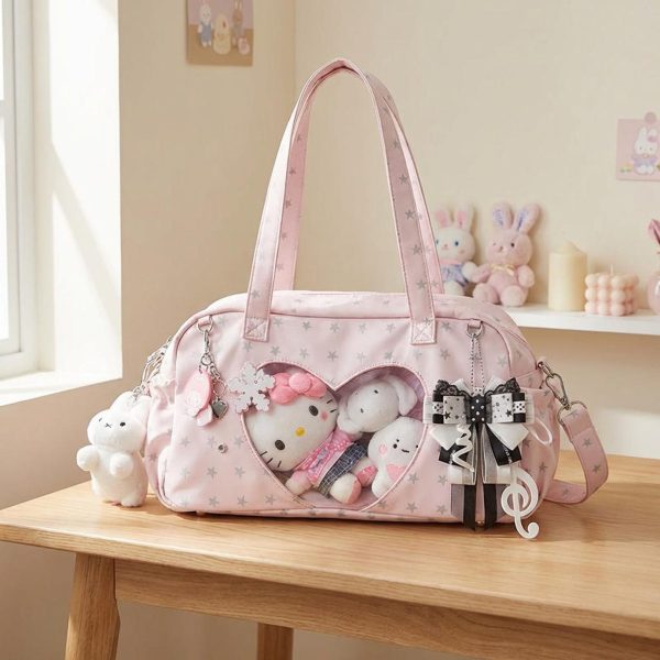 Pastel Kawaii Ita Shoulder Bag with Clear Window for Plushies and Pins — crossbody ita bag detail view
