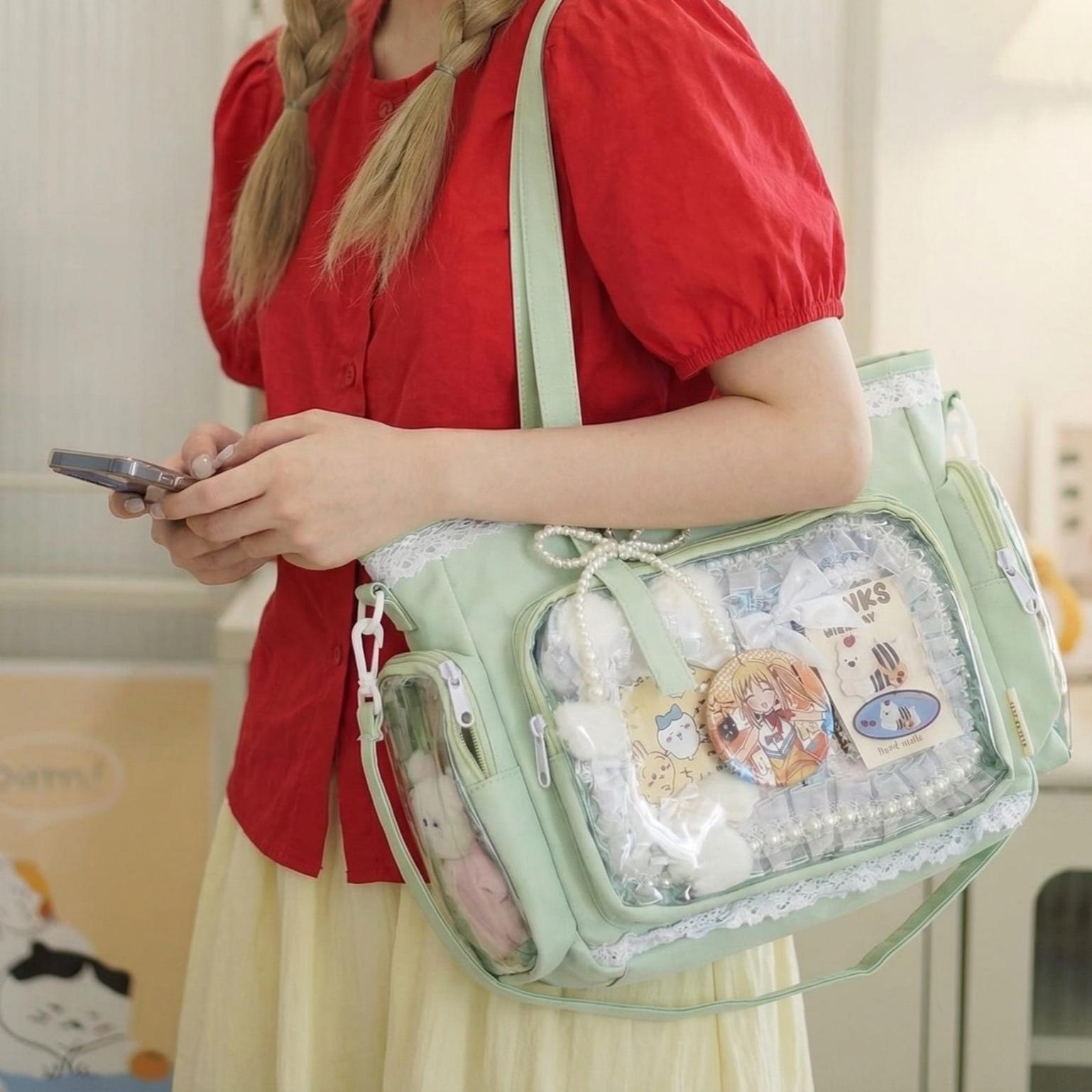 Pastel Kawaii Ita Shoulder Bag with Clear Window for Plushies and Pins Pastel Kawaii Ita Shoulder Bag with Clear Window for Plushies and Pins — crossbody ita bag detail view