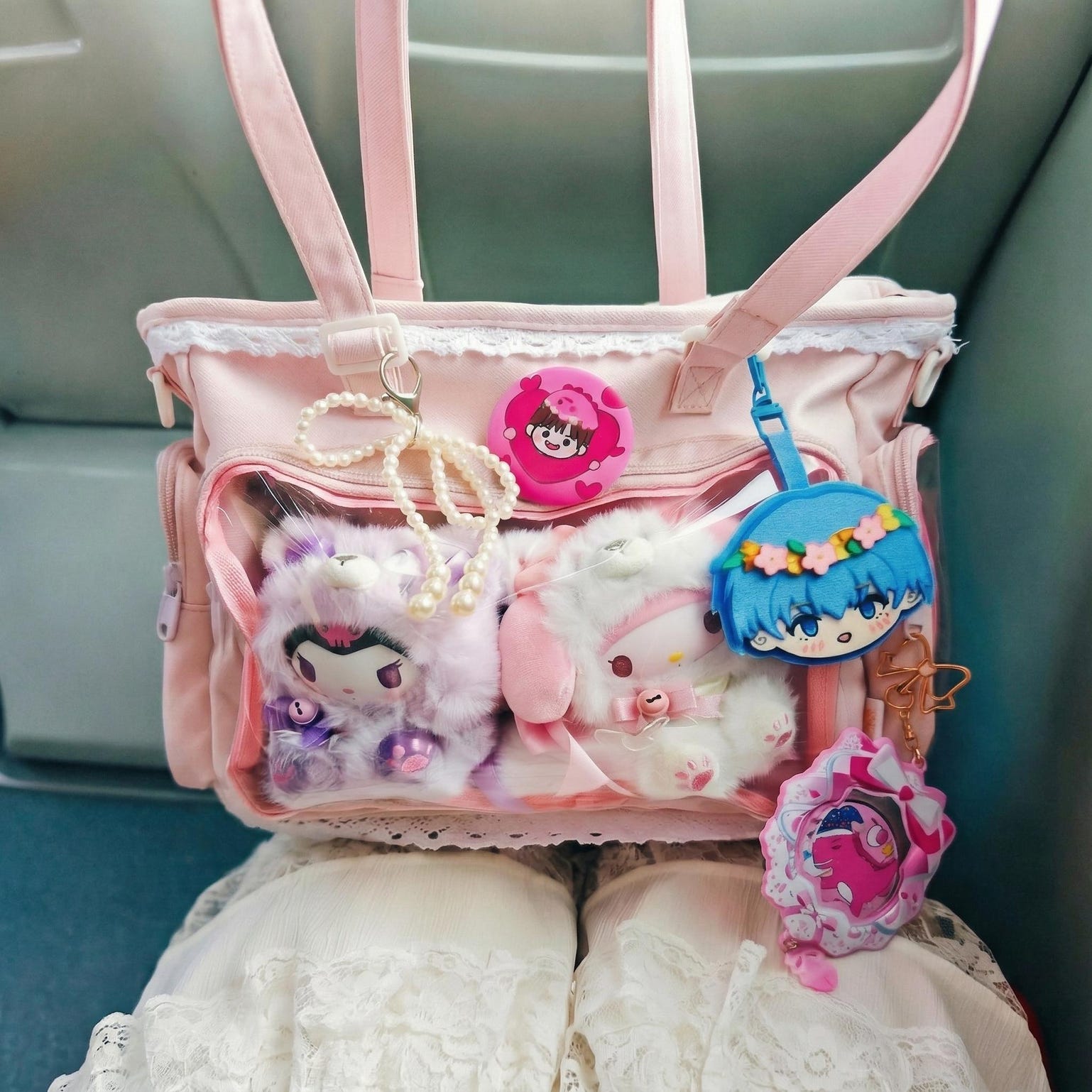 Pastel Kawaii Ita Shoulder Bag with Clear Window for Plushies and Pins Pastel Kawaii Ita Shoulder Bag with Clear Window for Plushies and Pins — crossbody ita bag detail view