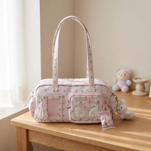 Pastel Kawaii Ita Shoulder Bag with Clear Window for Plushies and Pins — crossbody ita bag detail view