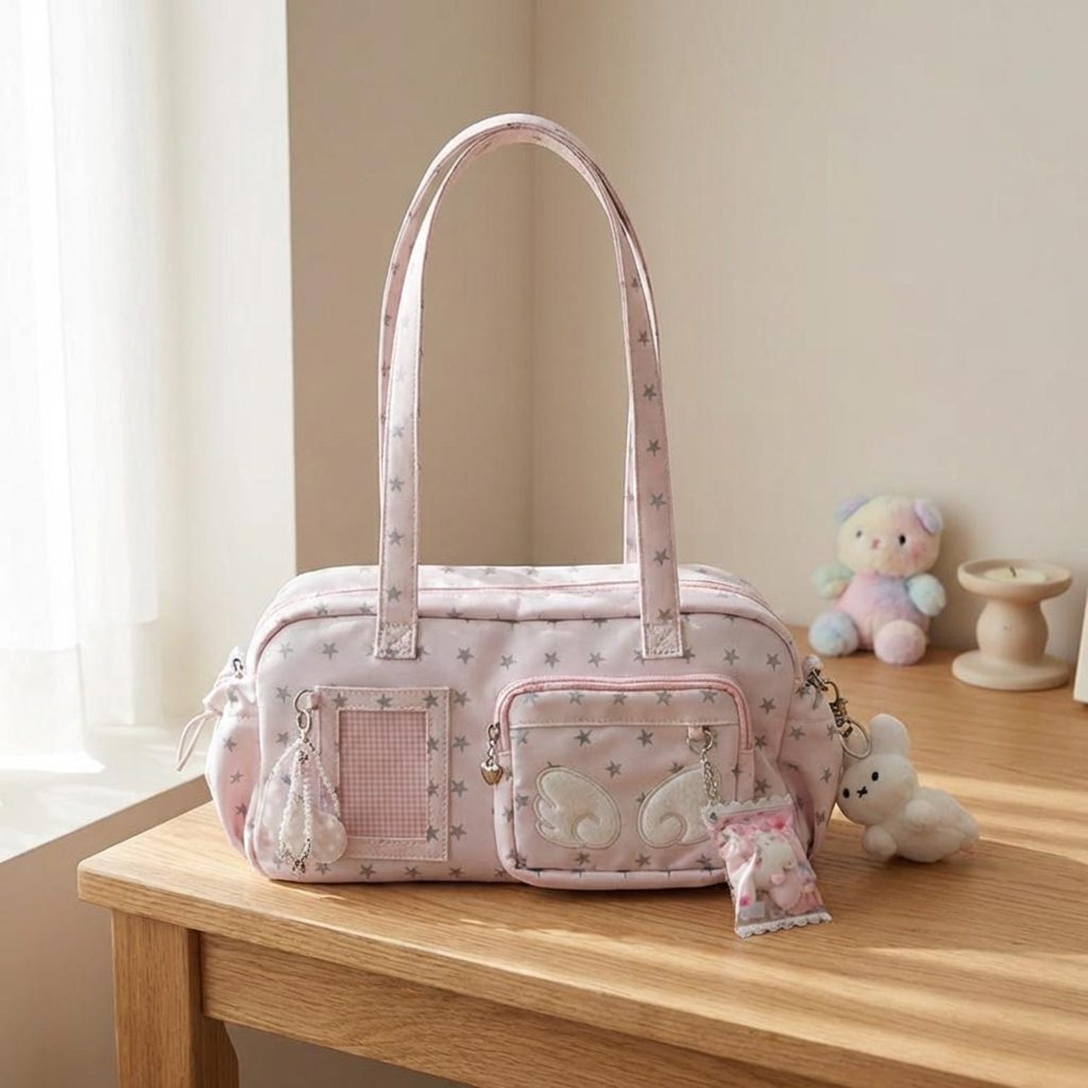 Pastel Kawaii Ita Shoulder Bag with Clear Window for Plushies and Pins Pastel Kawaii Ita Shoulder Bag with Clear Window for Plushies and Pins — crossbody ita bag detail view