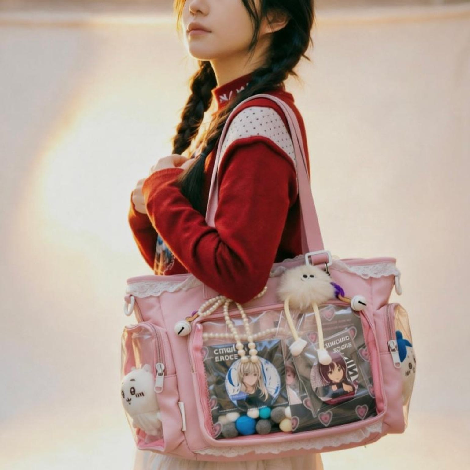 Pastel Kawaii Ita Shoulder Bag with Clear Window for Plushies and Pins Pastel Kawaii Ita Shoulder Bag with Clear Window for Plushies and Pins — crossbody ita bag detail view