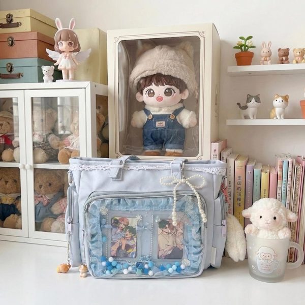 Pastel Kawaii Ita Shoulder Bag with Clear Window for Plushies and Pins — crossbody ita bag detail view