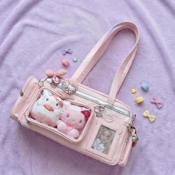 Pastel Kawaii Ita Shoulder Bag with Clear Window for Plushies and Pins — crossbody ita bag detail view