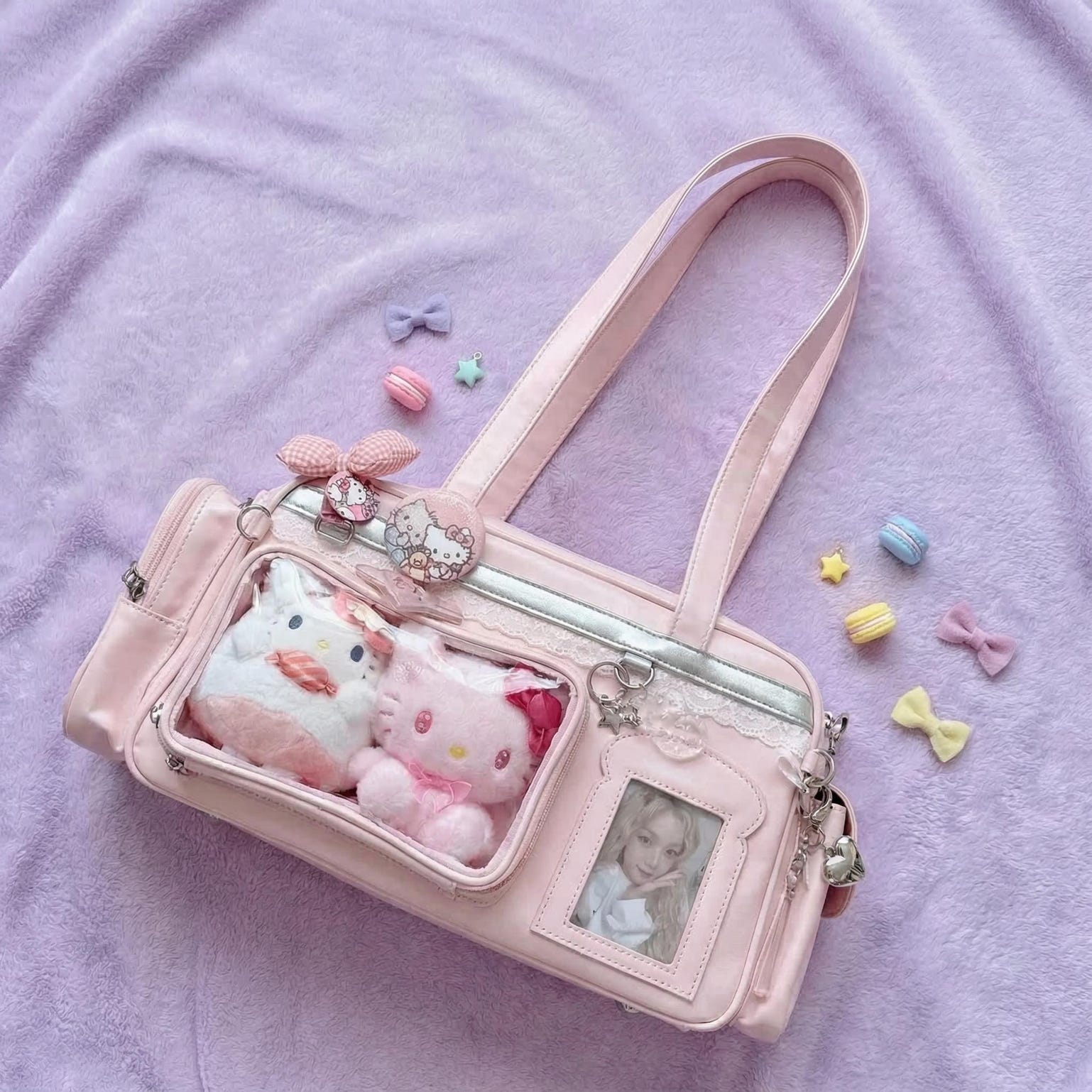 Pastel Kawaii Ita Shoulder Bag with Clear Window for Plushies and Pins Pastel Kawaii Ita Shoulder Bag with Clear Window for Plushies and Pins — crossbody ita bag detail view