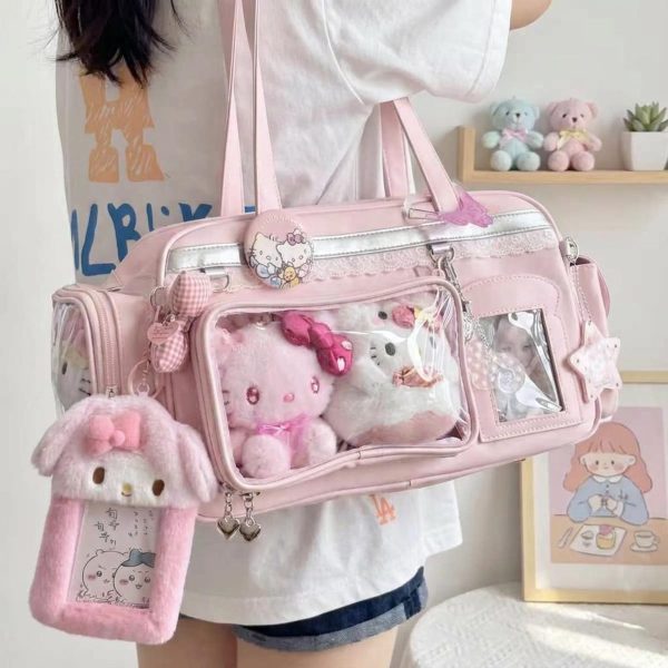 Pastel Kawaii Ita Shoulder Bag with Clear Window for Plushies and Pins — crossbody ita bag detail view