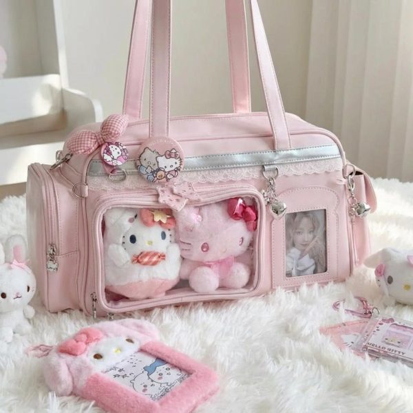 Pastel Kawaii Ita Shoulder Bag with Clear Window for Plushies and Pins — crossbody ita bag detail view