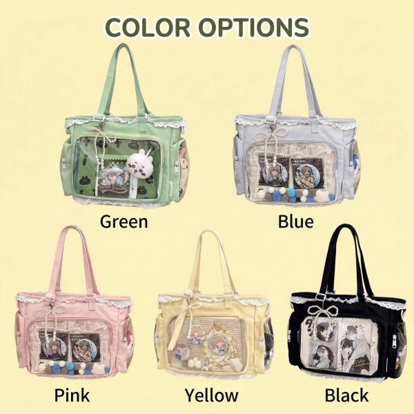 Pastel Kawaii Ita Shoulder Bag with Clear Window for Plushies and Pins — crossbody ita bag detail view