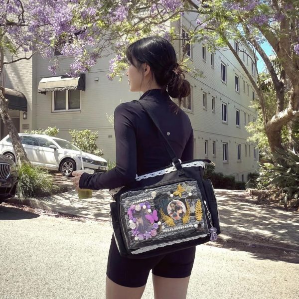Pastel Kawaii Ita Shoulder Bag with Clear Window for Plushies and Pins — crossbody ita bag detail view