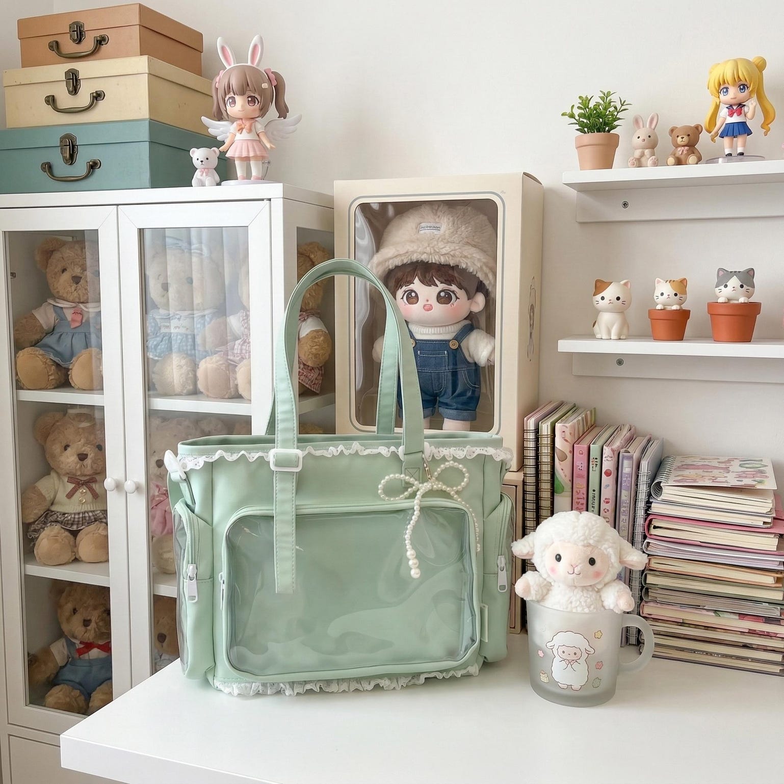 Pastel Kawaii Ita Shoulder Bag with Clear Window for Plushies and Pins Pastel Kawaii Ita Shoulder Bag with Clear Window for Plushies and Pins — crossbody ita bag detail view