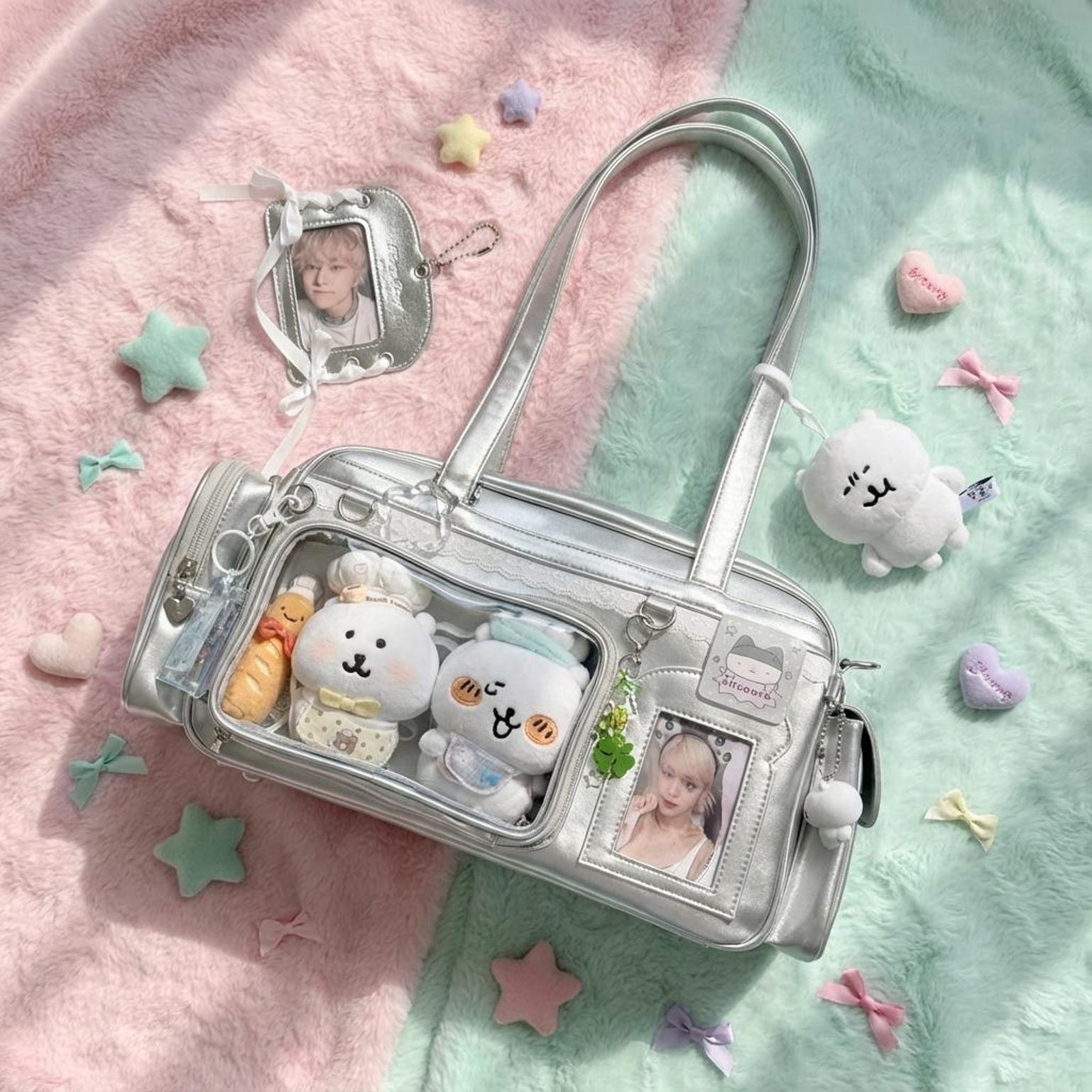 Pastel Kawaii Ita Shoulder Bag with Clear Window for Plushies and Pins Pastel Kawaii Ita Shoulder Bag with Clear Window for Plushies and Pins — crossbody ita bag detail view