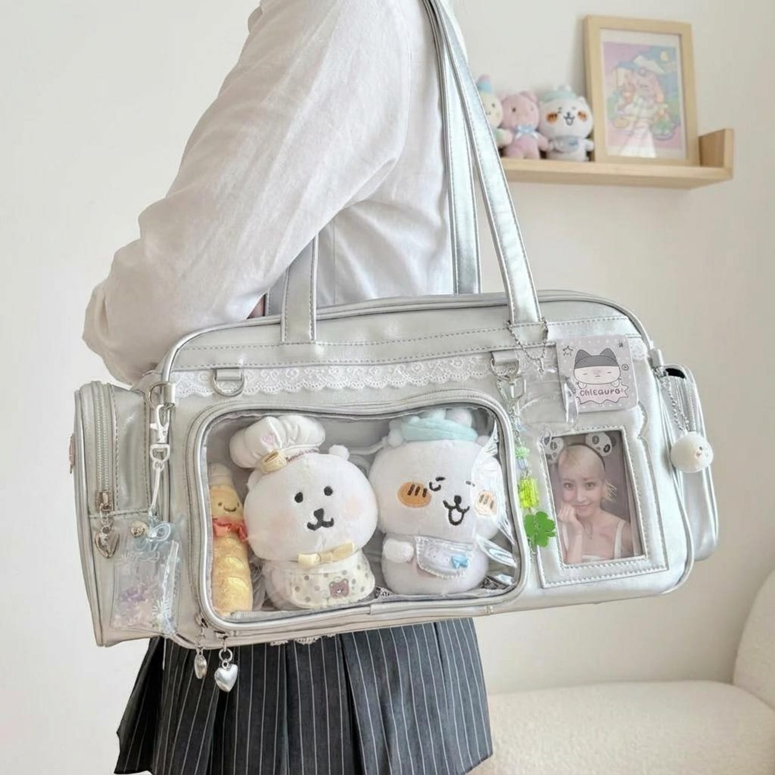 Pastel Kawaii Ita Shoulder Bag with Clear Window for Plushies and Pins Pastel Kawaii Ita Shoulder Bag with Clear Window for Plushies and Pins — crossbody ita bag detail view