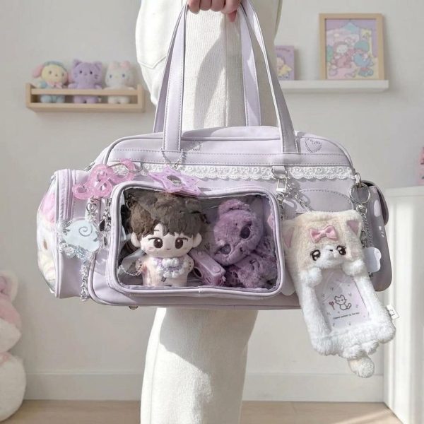 Pastel Kawaii Ita Shoulder Bag with Clear Window for Plushies and Pins — crossbody ita bag detail view