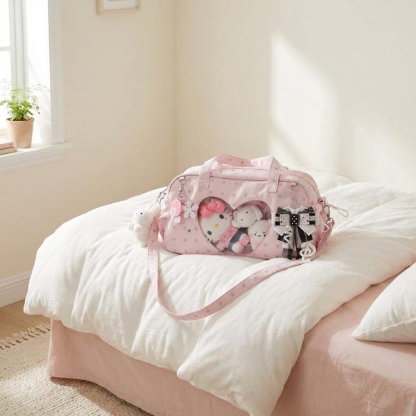 Pastel Kawaii Ita Shoulder Bag with Clear Window for Plushies and Pins — crossbody ita bag detail view